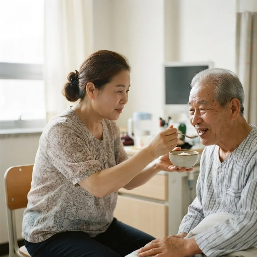 여성 간병인이 병상 옆에 앉아 웃고 있는 고령 남성 환자에게 숟가락으로 죽을 떠 먹여 주는 장면