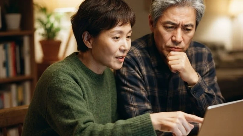 저녁 식탁에서 노트북 화면을 함께 보며 보험 내용을 의논하는 중년 부부