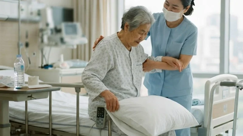병실 침대 가장자리에 앉은 고령 여성 환자를 간병인이 부축하고 무릎 사이에 베개를 둔 모습