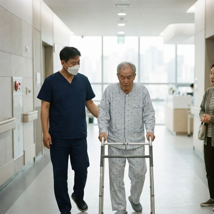 병원 복도에서 보행기로 걷는 고령 남성 환자 옆을 남성 간병인이 함께 걷는 모습