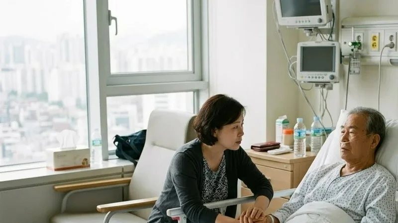 병실에서 침대에 누운 아버지의 손을 잡고 곁을 지키는 딸