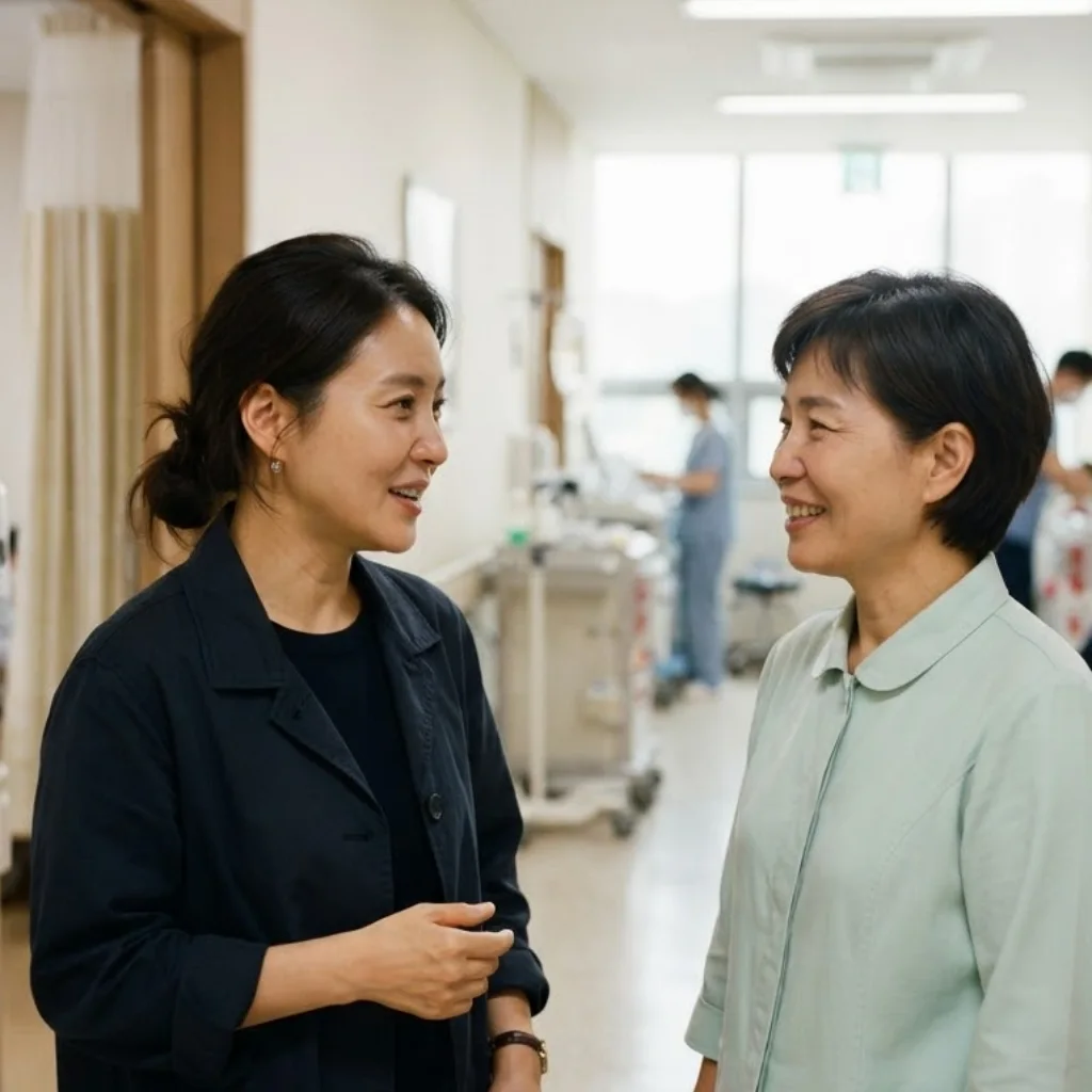 병원 복도에서 보호자와 간병인이 수술 뒤 돌봄 일정을 이야기하는 모습