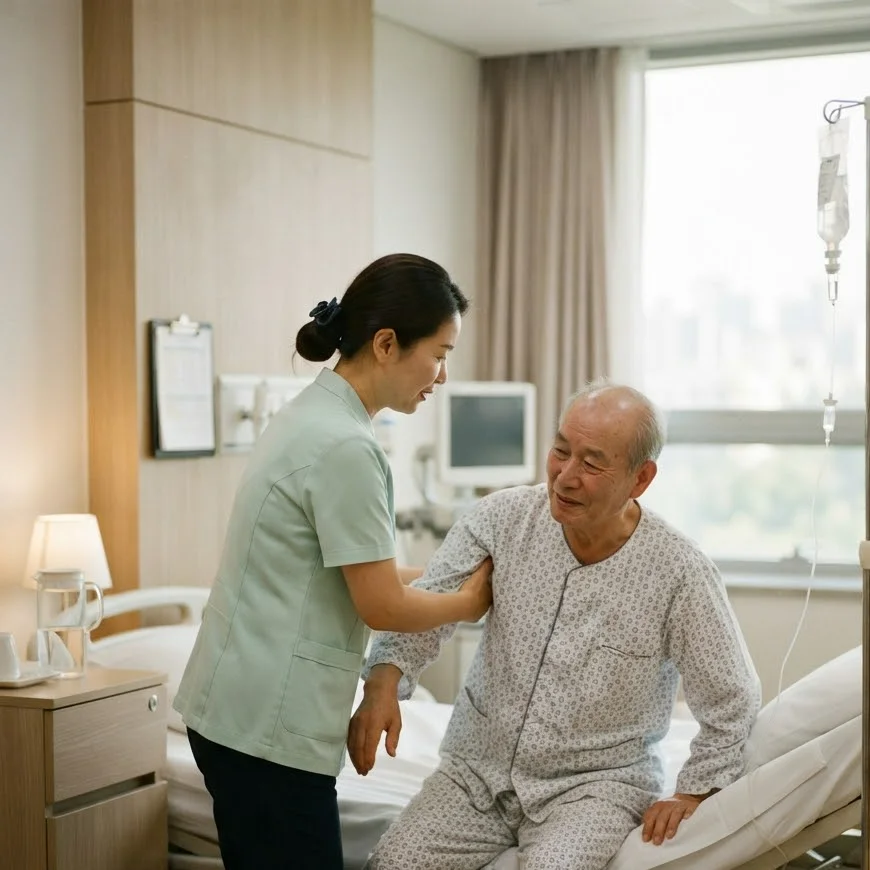 간병인이 수술을 마친 고령 남성 환자가 침대에서 일어나 앉도록 돕는 모습