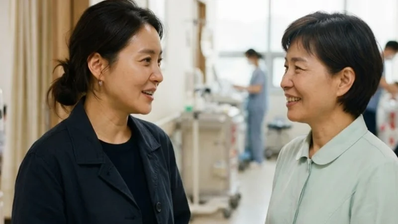 병원 복도에서 보호자와 간병인이 수술 뒤 돌봄 일정을 이야기하는 모습