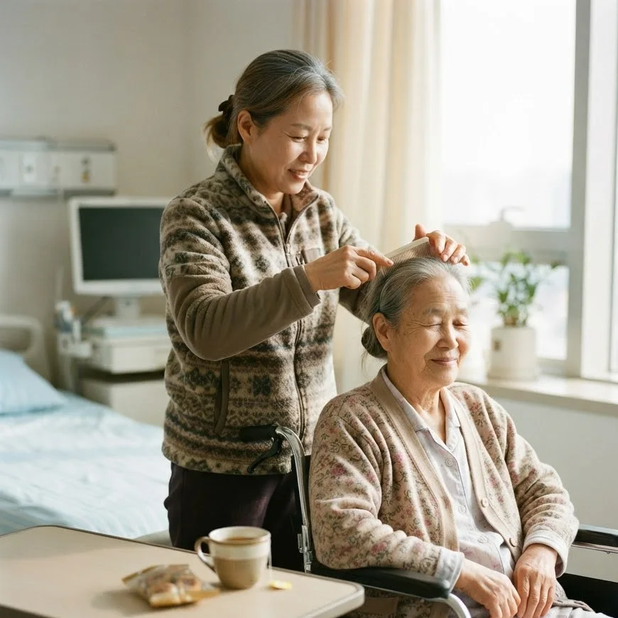 밝은 병실 창가에서 간병인이 휠체어에 앉은 노년 여성 환자의 머리를 빗어 주는 모습