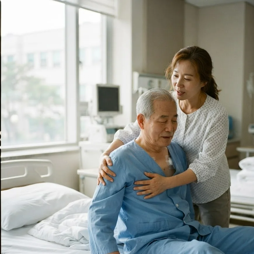 병실에서 수술 후 회복 중인 노년 남성 환자가 침대에서 일어나 앉도록 중년 간병인이 어깨를 받쳐 주는 모습