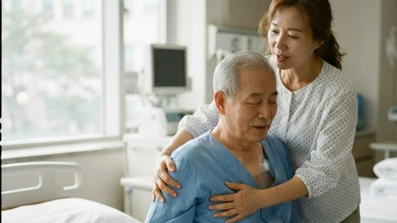 병실에서 수술 후 회복 중인 노년 남성 환자가 침대에서 일어나 앉도록 중년 간병인이 어깨를 받쳐 주는 모습
