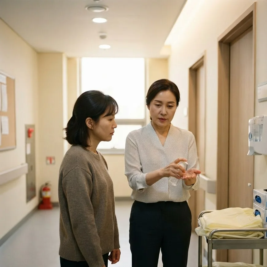 병실 앞 복도에서 간병인이 손 소독제를 바르며 보호자와 이야기하는 모습
