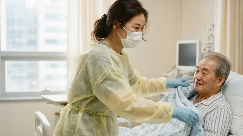 노란 격리 가운과 장갑을 착용한 간병인이 1인실 병상의 어르신 이불을 정리하는 모습
