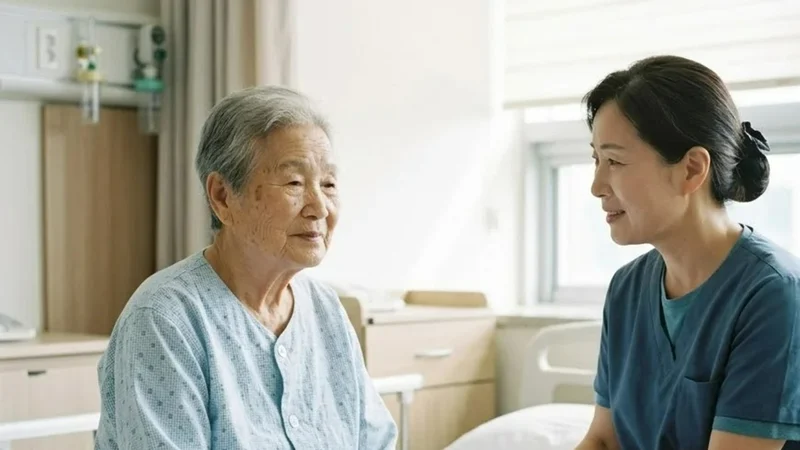 병실 침대에 앉은 치매 어르신의 손을 간병인이 다정하게 잡고 이야기하는 모습