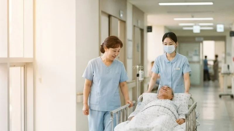 간병인과 간호사가 중환자실에서 일반병동으로 환자 침대를 옮기는 모습