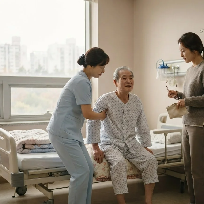 일반병동에서 간병인이 노년 환자가 침대 가장자리에 앉도록 돕고 딸이 안경을 챙기는 모습