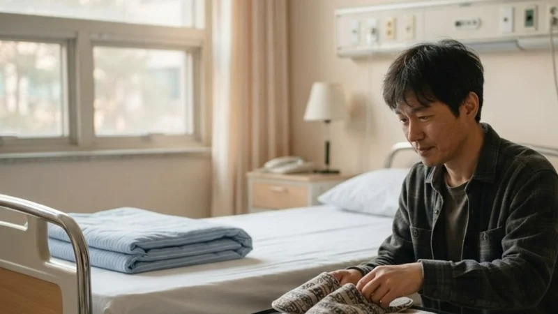 빈 병상 옆에서 아들이 실내화와 수건, 충전기를 가방에 챙기며 병동 이동을 준비하는 모습