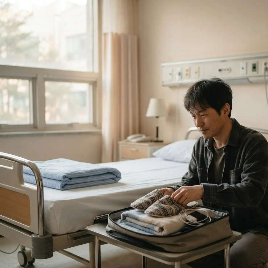 빈 병상 옆에서 아들이 실내화와 수건, 충전기를 가방에 챙기며 병동 이동을 준비하는 모습
