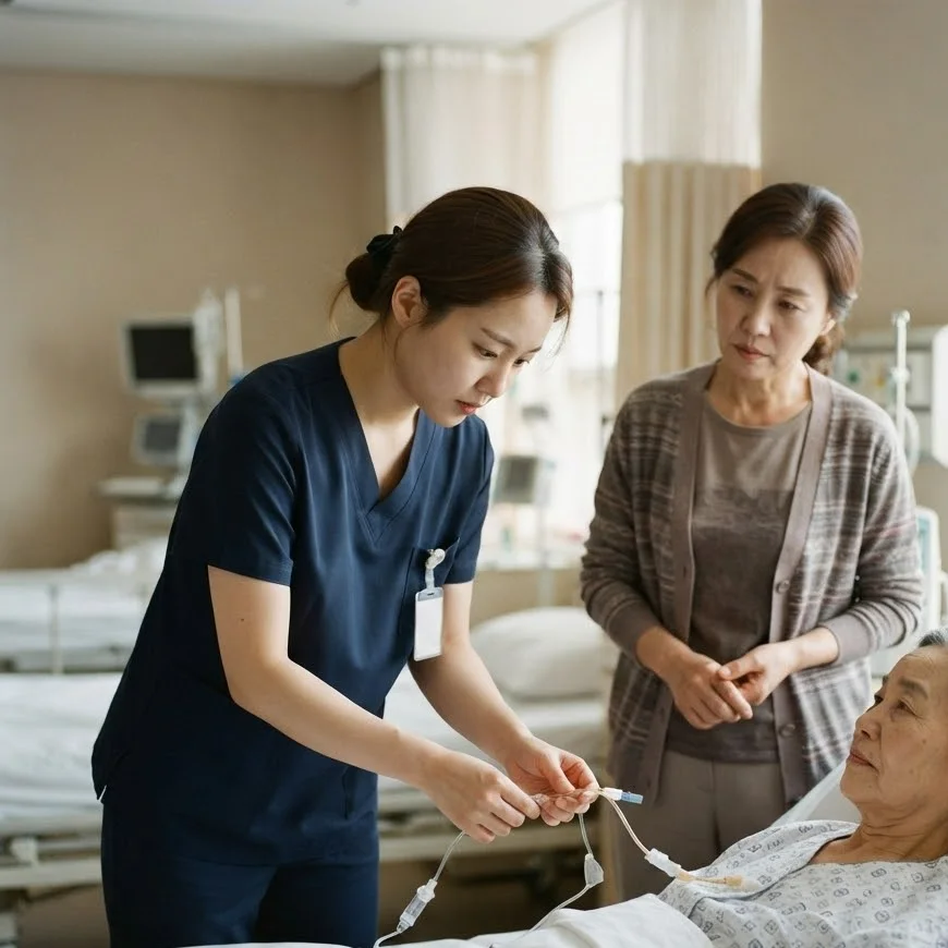 간호사가 누워 있는 환자의 관을 확인하고 간병인이 옆에서 지켜보는 병실