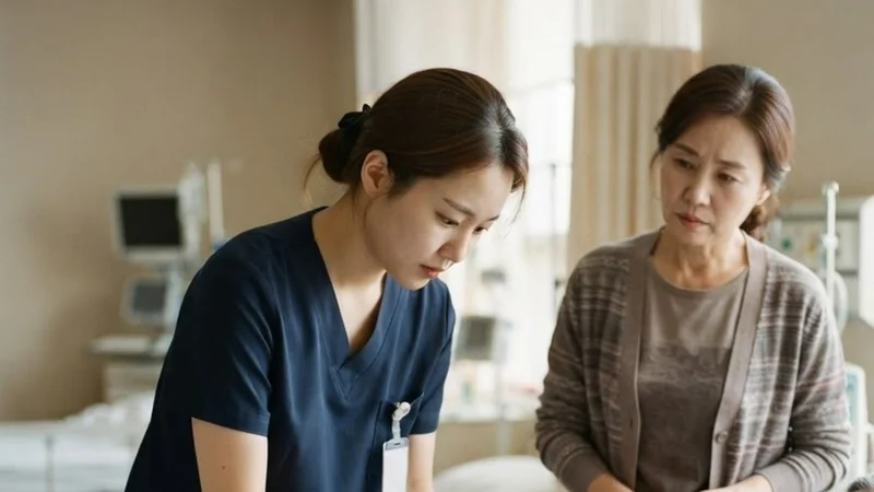 간호사가 누워 있는 환자의 관을 확인하고 간병인이 옆에서 지켜보는 병실