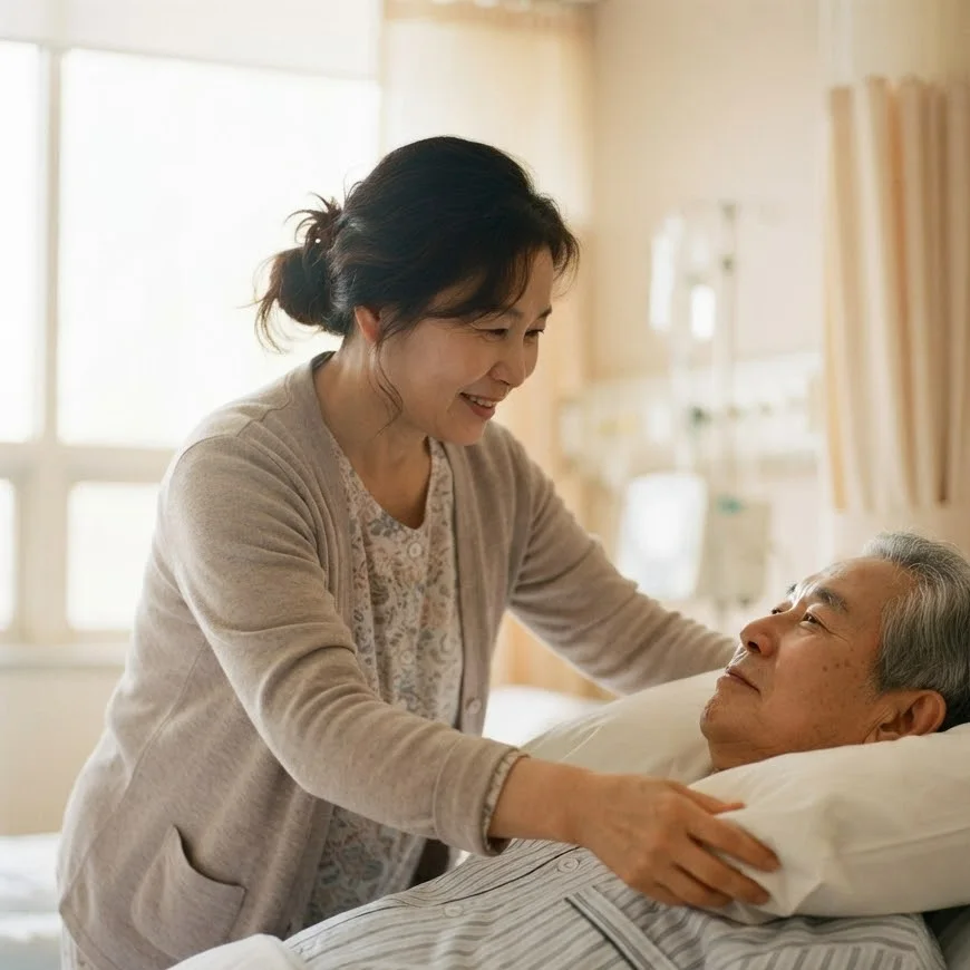 간병인이 환자의 베개를 받쳐 상체 자세를 고쳐 주는 모습