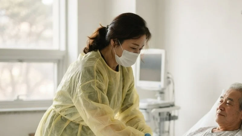 1인 격리 병실에서 노란 가운과 장갑을 착용하고 환자의 이불을 정리하는 간병인