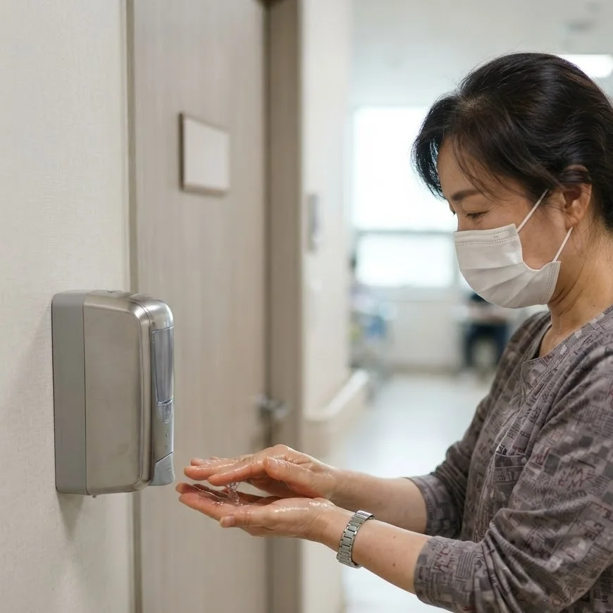 병실 문 옆 손 소독제로 손을 소독하는 간병인
