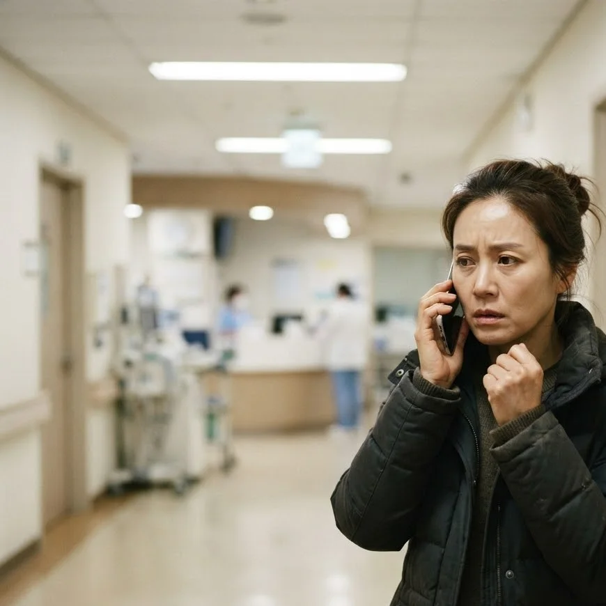 병원 복도에서 휴대전화로 간병인을 알아보는 보호자