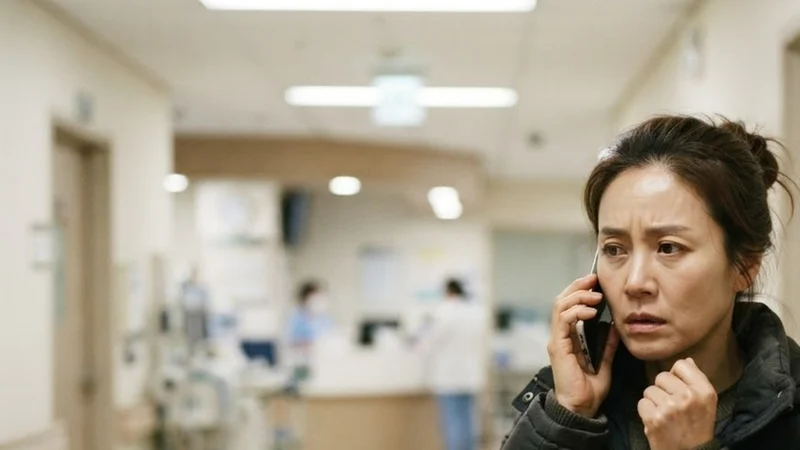 병원 복도에서 휴대전화로 간병인을 알아보는 보호자