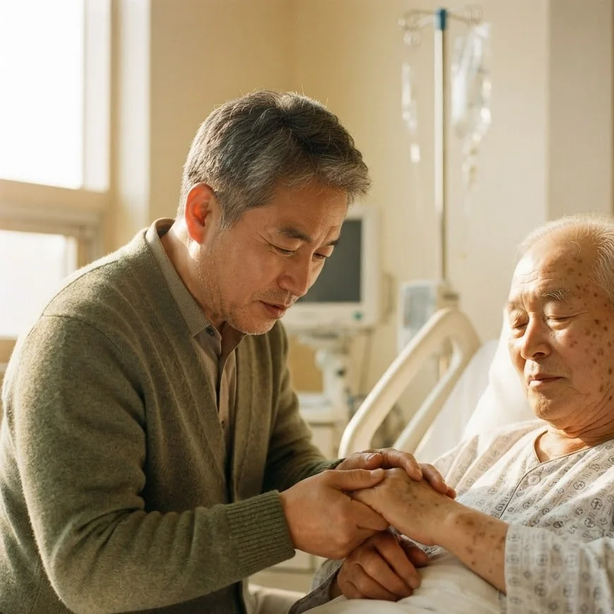 병상에 누운 아버지의 손을 감싸 쥐고 주물러 드리는 아들