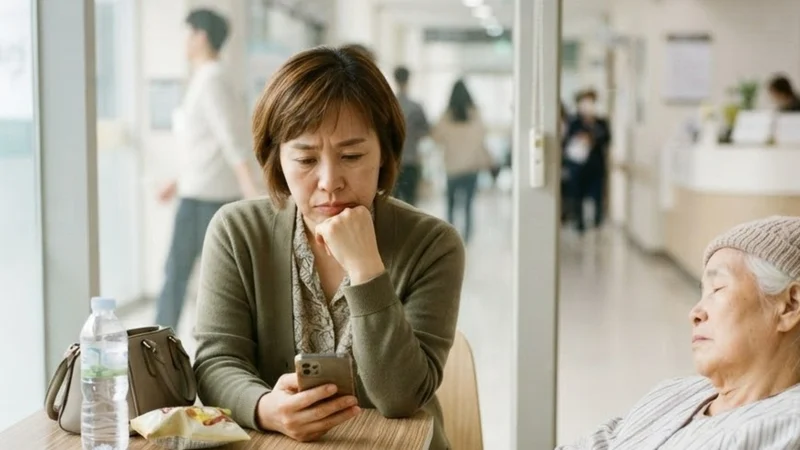 병원 휴게 공간에서 휠체어에 탄 어머니 곁에 앉아 휴대폰으로 보험 청구 방법을 찾아보는 딸